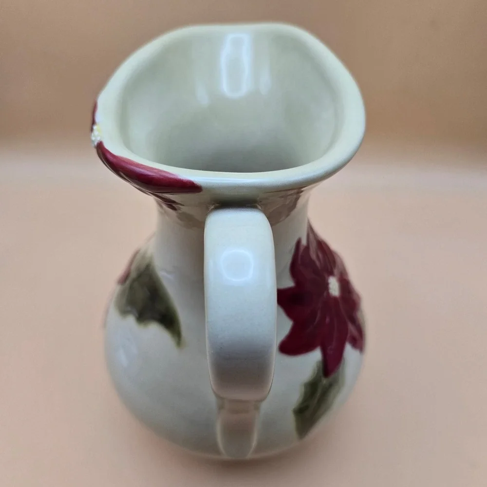 Christmas Poinsettia Ceramic Pitcher‎ Red Green Holiday Floral Serving Vase 8.5